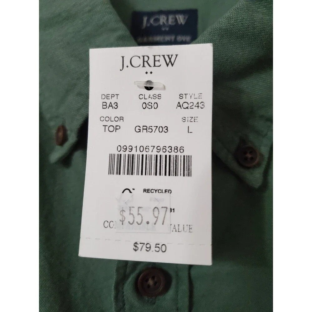 J.Crew Mens Shirt Slim Untucked Garment Dye Cotton Button Down Green Size Large